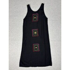 Vintage 90s Jenna Lane New York Black Colorful Boho Embroidered Maxi Dress M